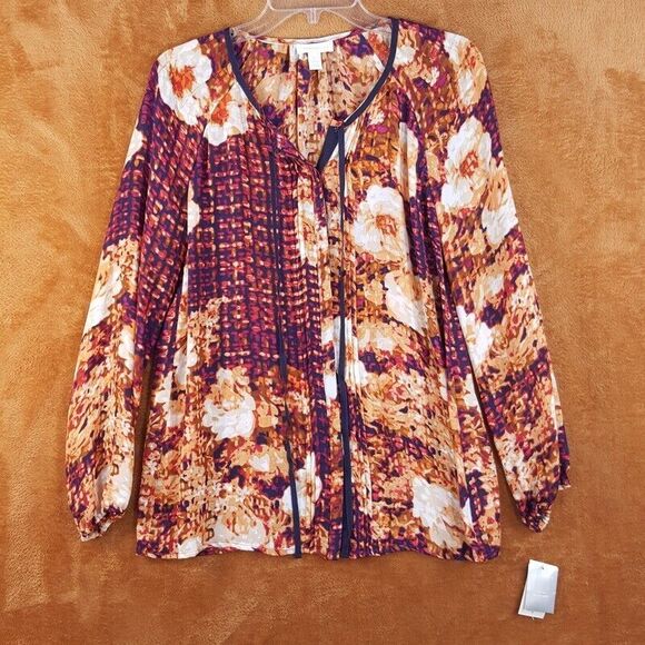 CHARTER CLUB Womens Top Small Tan Floral Button Up Shirt Silky Blouse - Picture 1 of 8